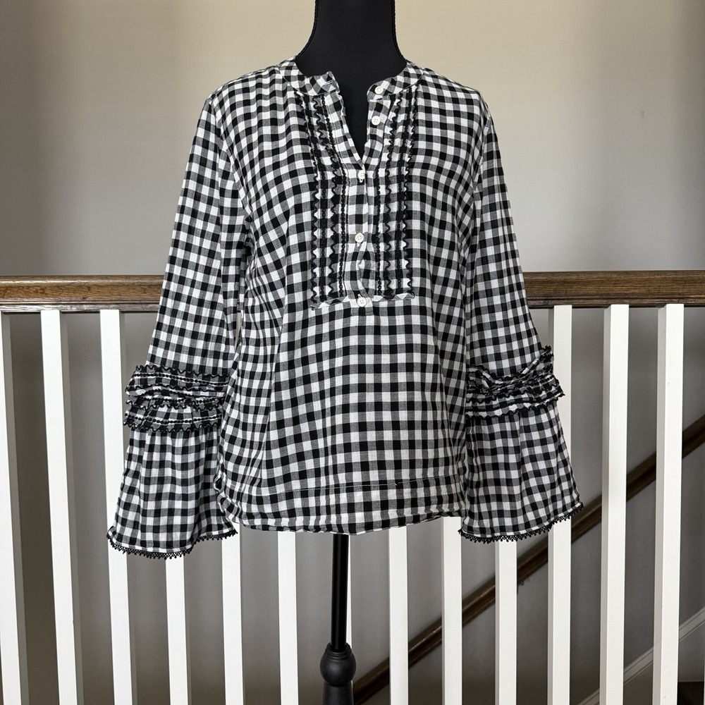 J Crew Gingham Plaid Bell Sleeve Black White Embroidered Blouse Top Sz 4 Western